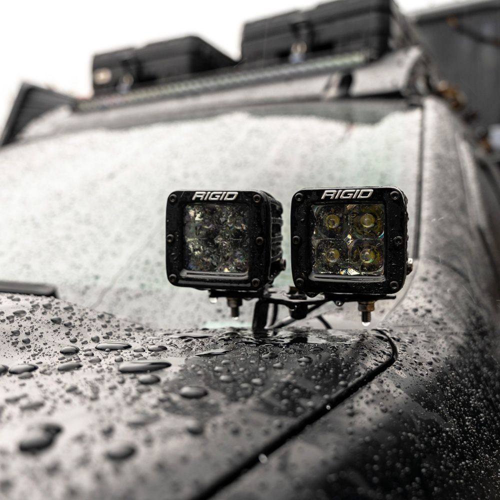 RIGID D-Series installation example on an A-pillar; vehicle-specific mounts sold separately