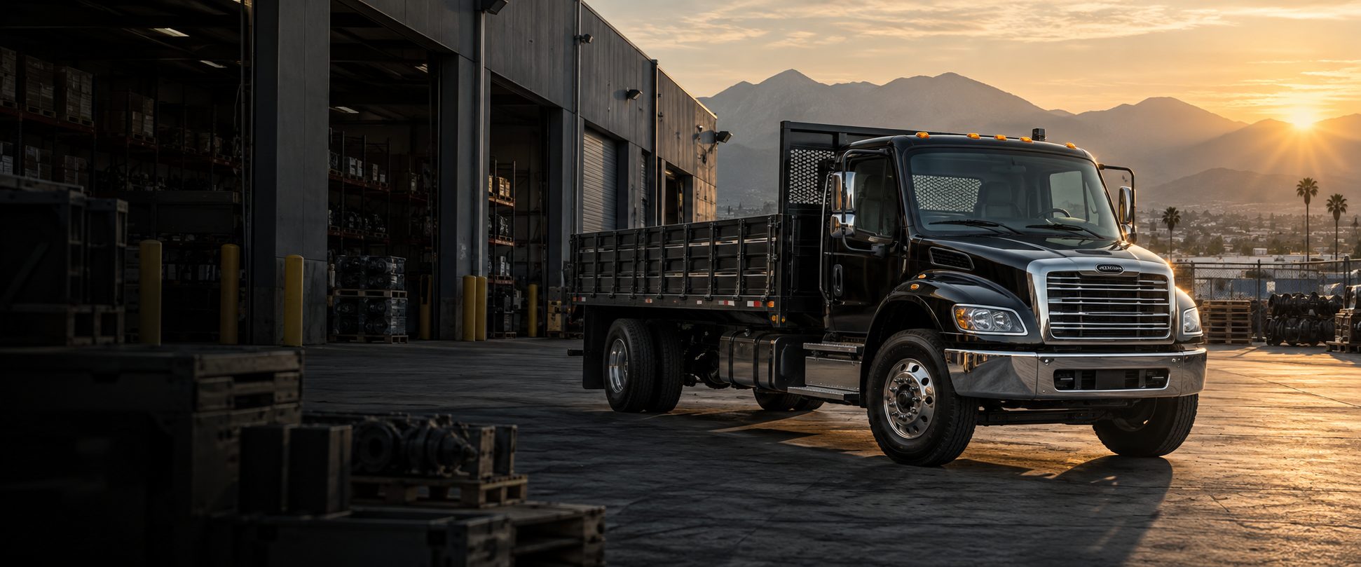 Heavy-duty work truck outside a parts warehouse at sunrise